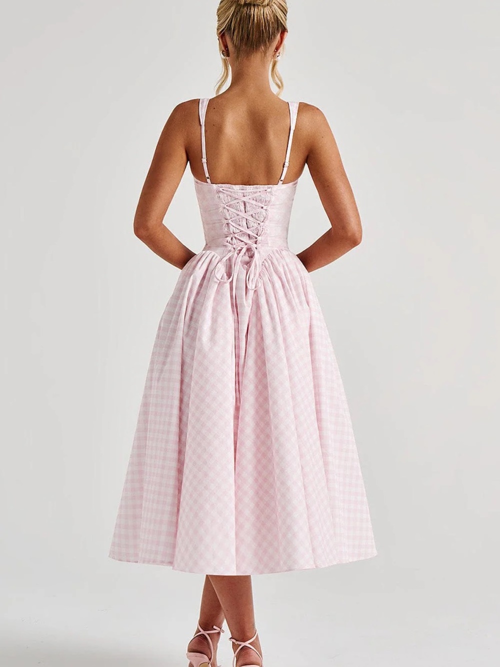 Square-Neck Pink Gingham Midi Dress - Picture 3 of 3